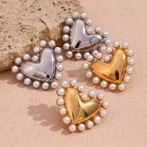Gold and Silver Heart Pearl Earrings